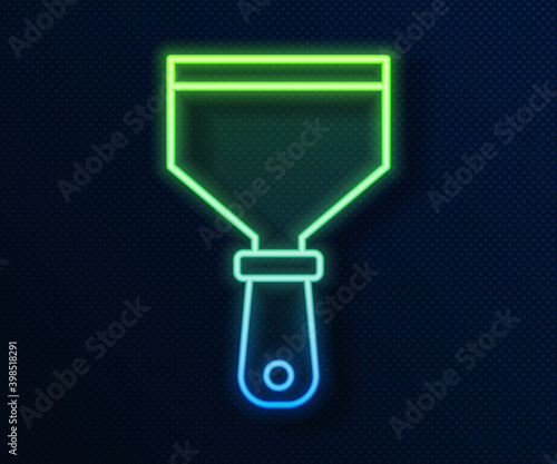 Glowing neon line Putty knife icon isolated on blue background. Spatula repair tool. Spackling or paint instruments.  Vector.