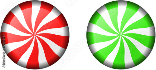 Christmas round candy set. Striped peppermint candies caramel without wrapper. Vector illustration isolated on white background. Design element for Christmas, New year, winter holiday, dessert.