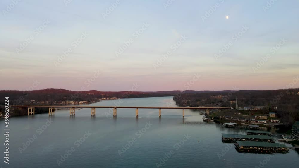 Beautiful Missouri Sunset with Bridge Crossing Lake of the Ozarks, Aerial Beautiful Missouri Sunset with Bridge Crossing Lake of the Ozarks, Aerial
