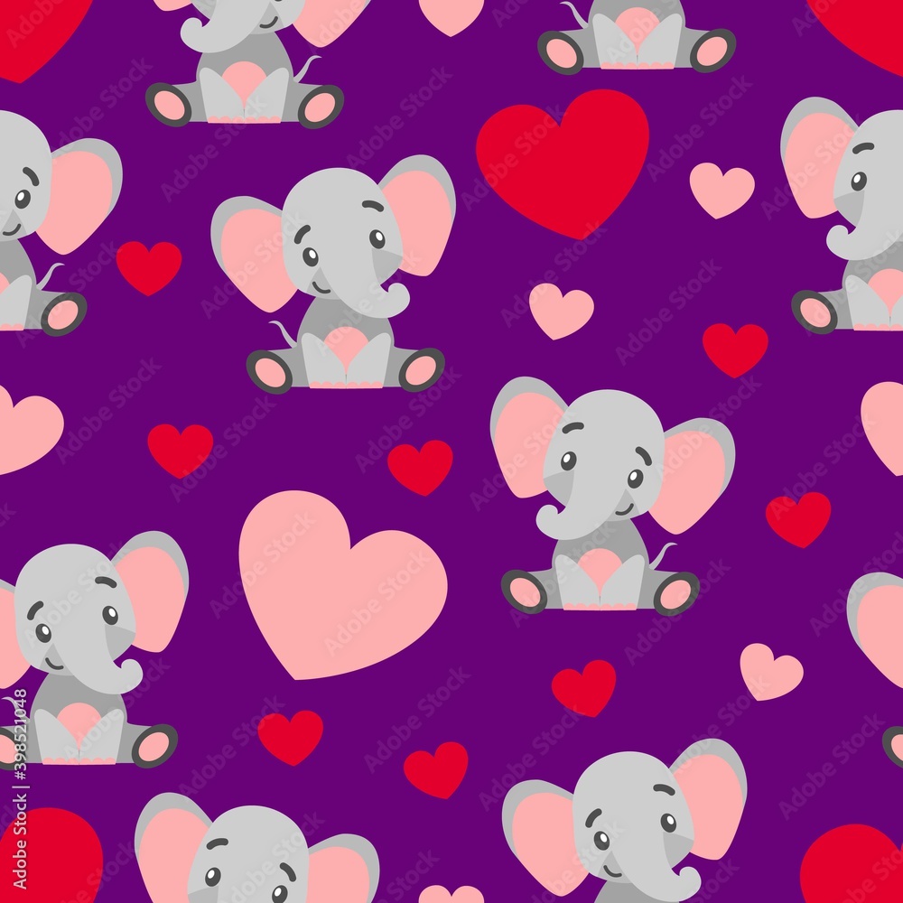 Seamless pattern. St Valentine’s Day. Baby elephant smiling. Cartoon style. Cute and funny. Red and pink hearts. Violet background. Post cards, wallpaper, textile, scrapbooking and wrapping paper