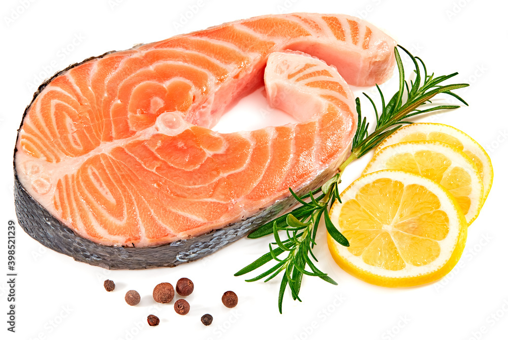 slice of raw fish, salmon, trout, steak, with rosemary and lemon isolated on white background, full depth of field slice of raw fish, salmon, trout, steak, with rosemary and lemon isolated on white background, full depth of field