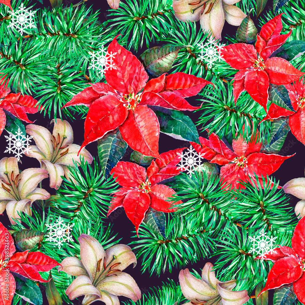 Plakat Bouquet christmas decoration with poinsettia and lily and branch tree pine on dark background. Seamless pattern with snowflake.