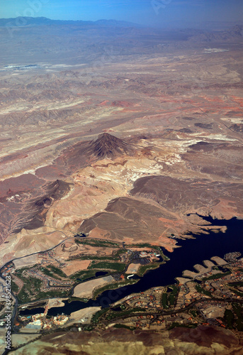 Photography Aerial view of Lake Las Vegas with golf course and mountains