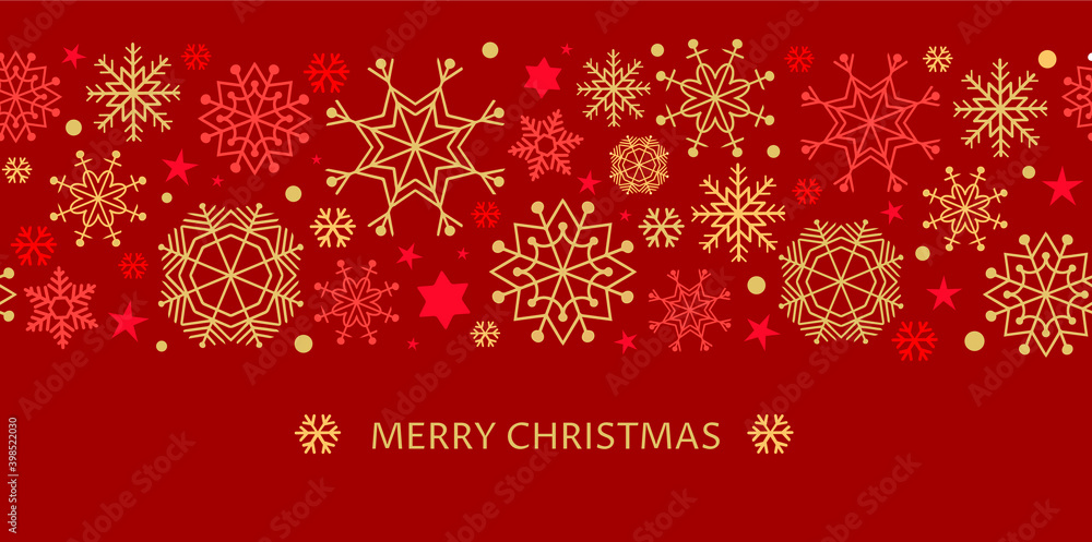 Gold and red seamless snowflake border, Christmas design for greeting card. Vector illustration, merry xmas snow flake header or banner, wallpaper or backdrop decor Gold and red seamless snowflake border, Christmas design for greeting card. Vector illustration, merry xmas snow flake header or banner, wallpaper or backdrop decor