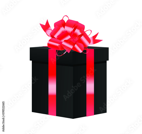 Black gift box vector isolated on white background. 3D gift box with red bow and ribbon.