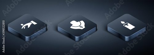 Set Isometric Wedding rings on hand, Burning candle and Necklace mannequin icon. Vector.