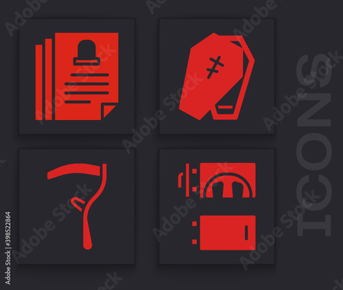 Set Crematorium, Death certificate, Coffin with cross and Scythe icon. Vector.