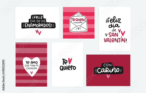 Valentine card set in Spanish language with common romantic phrases. Text reads: Happy day of lovers, I love you very much, Happy Saint Valentines day, With love, I love you with all my heart.