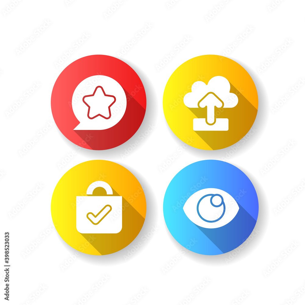 Easy to use interface creation process flat design long shadow glyph icons set. Uploading data to remote server. Buying things in online stores. Silhouette RGB color illustration Easy to use interface creation process flat design long shadow glyph icons set. Uploading data to remote server. Buying things in online stores. Silhouette RGB color illustration