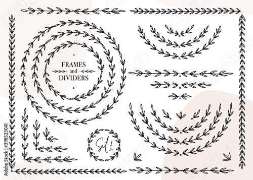 Elegant leaf circle frames, laurel and symmetrical horizontal divider set for wedding invitation or book decoration