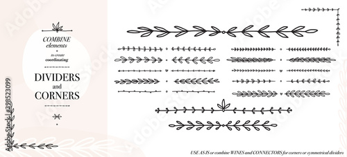 Leaf text divider and corner set. Hand drawn botanical vector elements. 