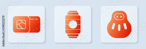 Set Japanese paper lantern, Sushi and Maneki neko cat. White square button. Vector