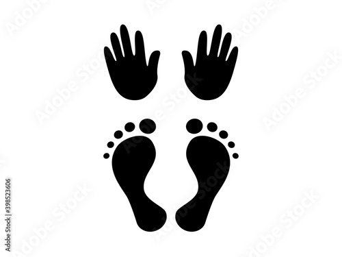 Babys hands and feet icon. Black childrens little handprint and footprints in family album for vector memory.