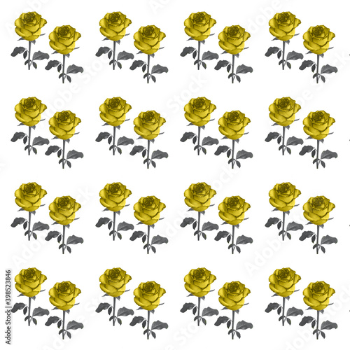 Floral pattern. Yellow rose on a stem with gray leaves on white background.