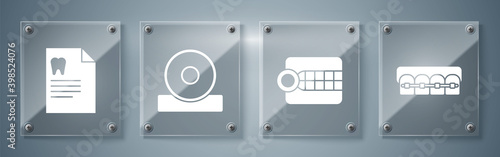 Set Teeth with braces, Dentures model, Otolaryngological head reflector and Clipboard with dental card. Square glass panels. Vector