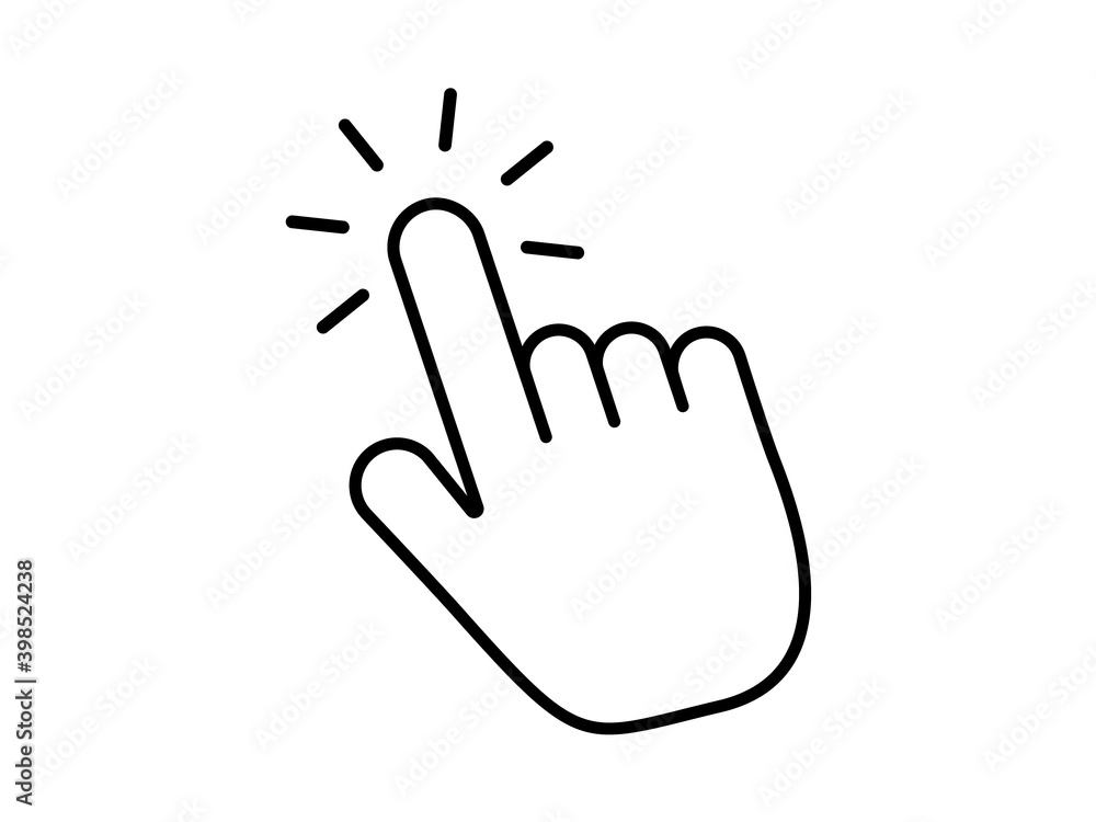 Finger presses button icon. Black hand touches index finger of abstract vector switch with strokes rays. Finger presses button icon. Black hand touches index finger of abstract vector switch with strokes rays.