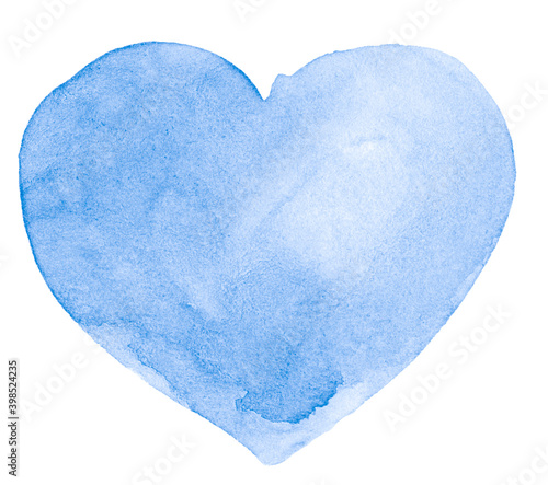 Blue watercolor heart shape, background with clear borders and natural splashes. Sky color watercolor brush stains. Copy space. photo