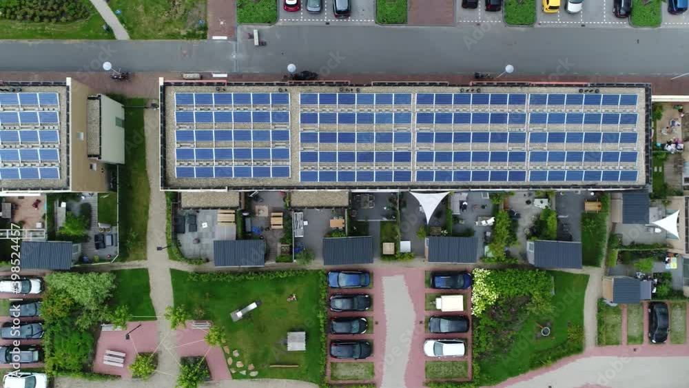 Aerial top down view of new built apartment complex with solar panels installed on the roof from which the photo voltaic cells use sunlight as a source of energy and generate electricity 4k quality Aerial top down view of new built apartment complex with solar panels installed on the roof from which the photo voltaic cells use sunlight as a source of energy and generate electricity 4k quality