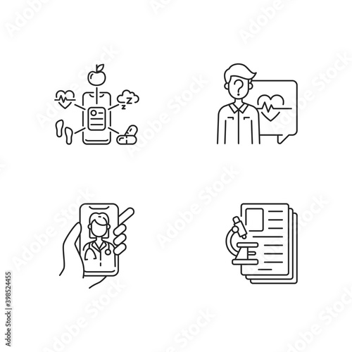 Healthcare service linear icons set. Health data collection. Anonymous question. Video appointment. Customizable thin line contour symbols. Isolated vector outline illustrations. Editable stroke