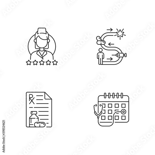 Online medical service linear icons set. Review doctor. Therapy journey. Consultation time. Customizable thin line contour symbols. Isolated vector outline illustrations. Editable stroke