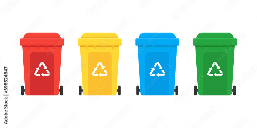 Recycle trash and garbage containers. Set of bins for different sorts of garbage. Waste management concept. Flat vector illustration Recycle trash and garbage containers. Set of bins for different sorts of garbage. Waste management concept. Flat vector illustration