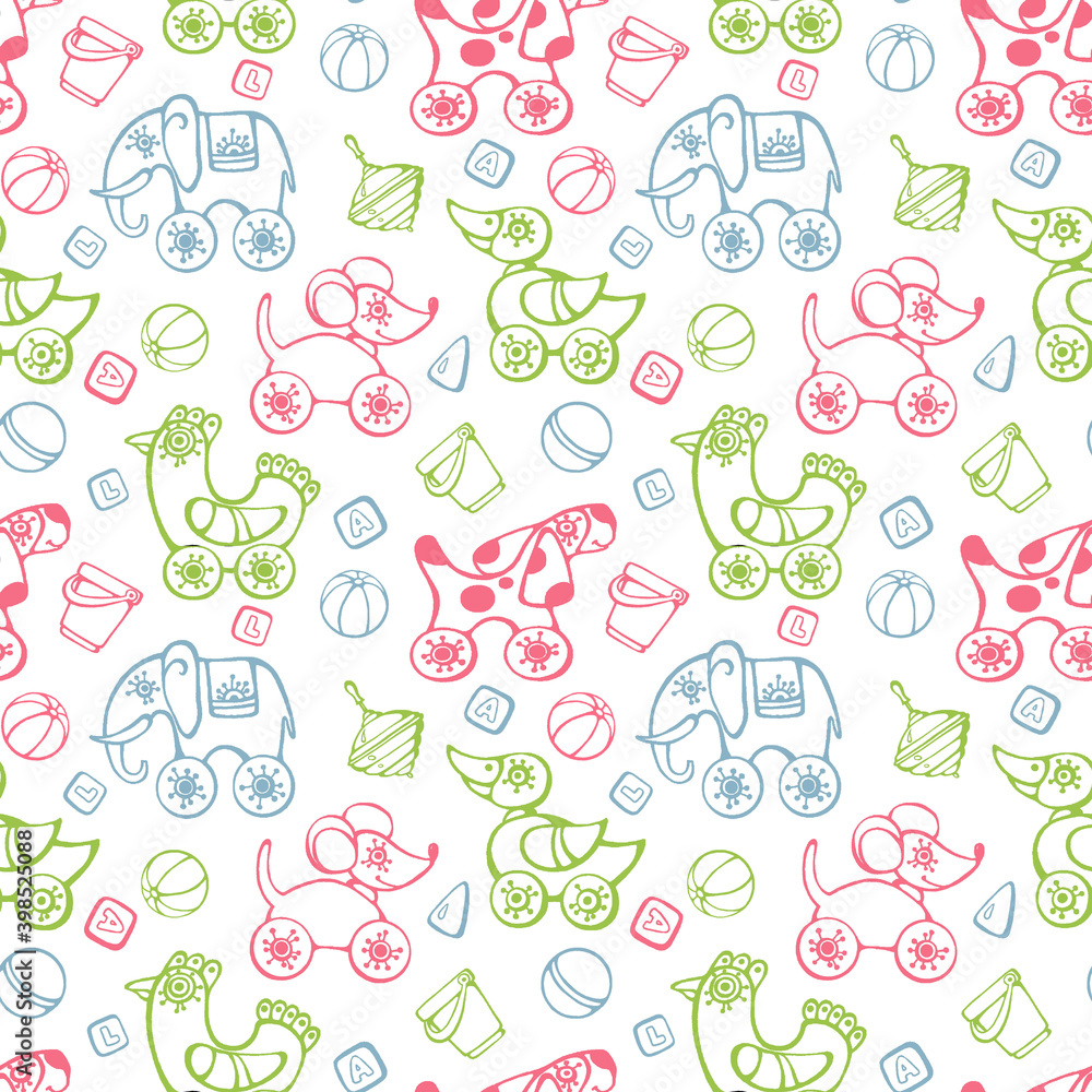 Seamless baby pattern. Multicolored contour images of toys on a white background.