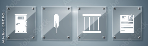 Set Lawsuit paper, Prison window, Feather pen and Prison cell door. Square glass panels. Vector