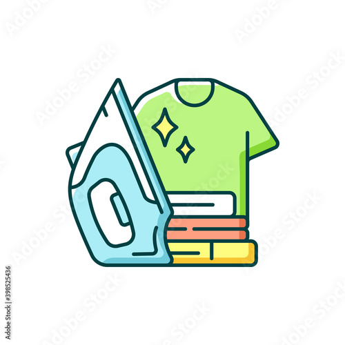 Ironing RGB color icon. Traditional housekeeping task, housewife chore. Professional dry cleaning service. Iron and clean clothing. Isolated vector illustration