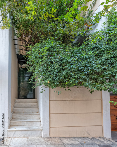 Contemporary house front with foliage and green entrance door, Athens Greece