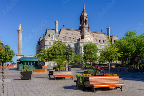Nelson Column and the City Hall in jacques Cartier square, Montreal, Quebec, Canada photo