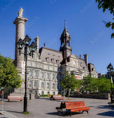 Nelson Column and the City Hall in jacques Cartier square, Montreal, Quebec, Canada photo