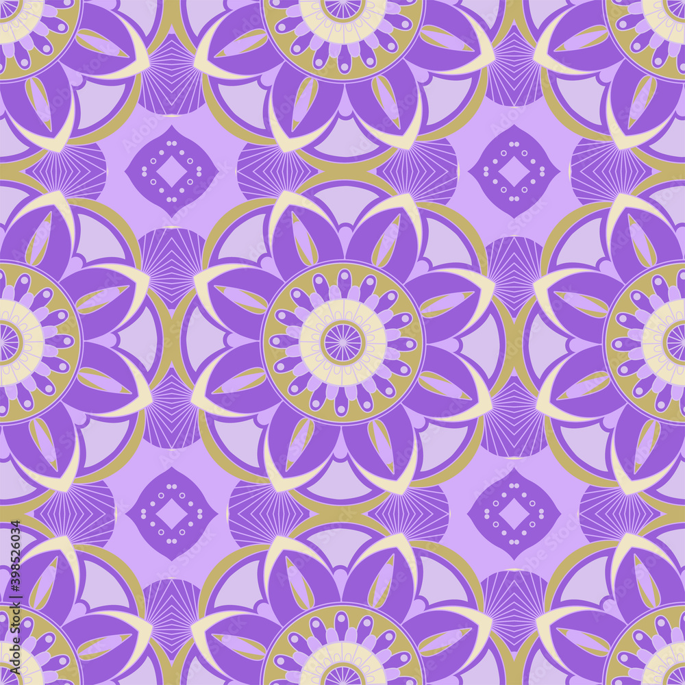 Ethnic tight vector pattern. Purple flowers mandalas
