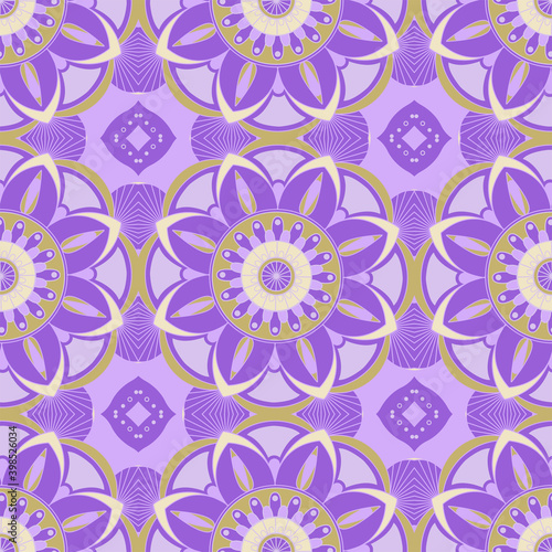 Ethnic tight vector pattern. Purple flowers mandalas