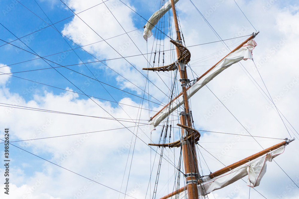 Ship mast background. Old retro wooden construction. Yacht travel background. Pirate ship background. Ship mast background. Old retro wooden construction. Yacht travel background. Pirate ship background.