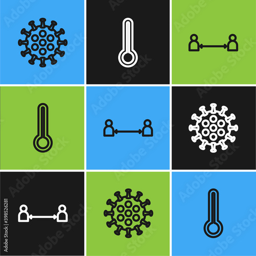 Set line Virus, Safe distance and Medical thermometer icon. Vector.