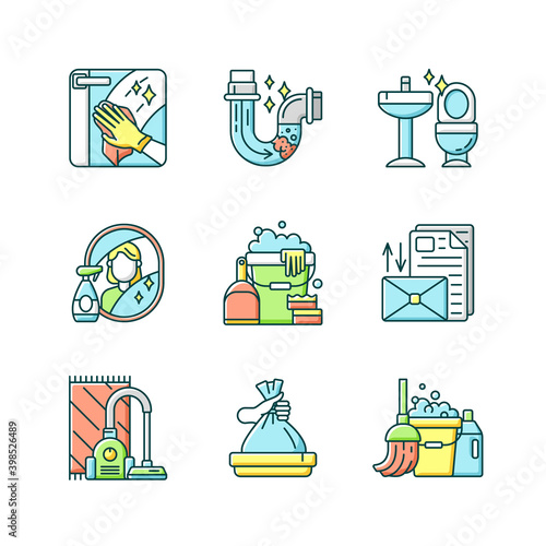 Housekeeping chores RGB color icons set. Professional cleaning and plumbing service. Domestic responsibilities, work around the house. Isolated vector illustrations