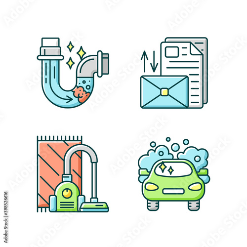 Housekeeping services RGB color icons set. Waste pipes cleaning, mail sorting, vacuum cleaning and car washing. Domestic chores. Isolated vector illustrations