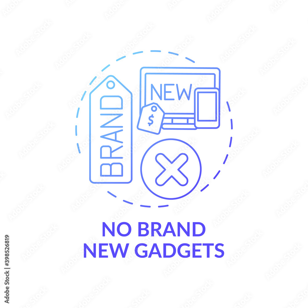 No brand new gadgets concept icon. Shopping tip idea thin line illustration. Impulse purchase. Saving old device. Buying used, refurbished gadgets. Vector isolated outline RGB color drawing No brand new gadgets concept icon. Shopping tip idea thin line illustration. Impulse purchase. Saving old device. Buying used, refurbished gadgets. Vector isolated outline RGB color drawing