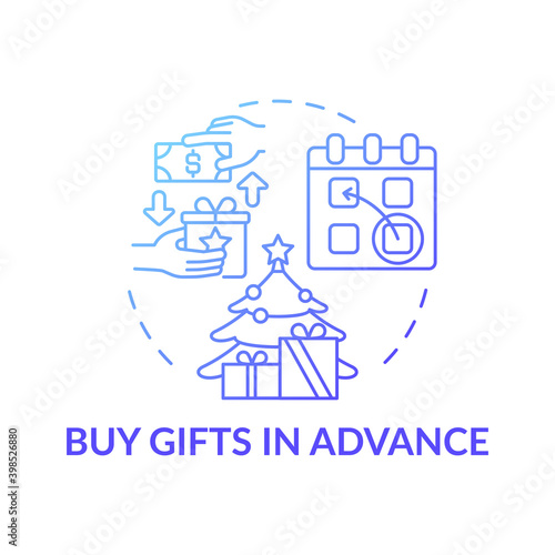 Buying gifts in advance concept icon. Shopping tip idea thin line illustration. Post-holiday sales. Big-ticket items. Secret Santa. Making Christmas budget. Vector isolated outline RGB color drawing
