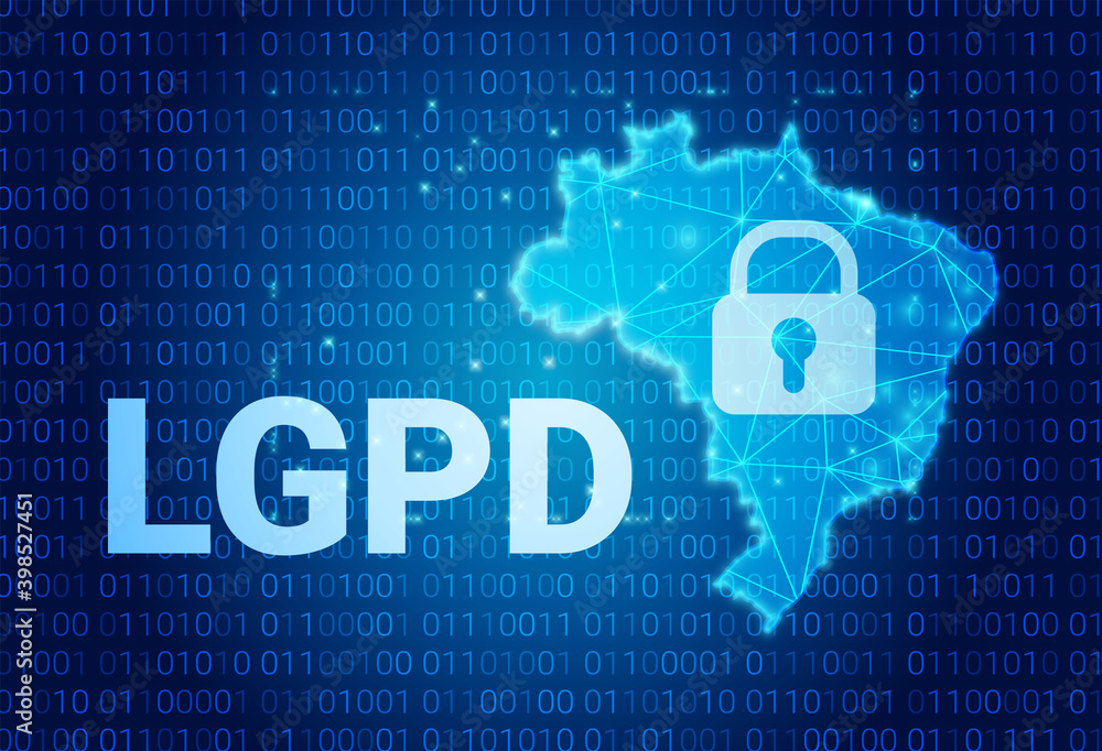 LGPD - Brazilian Data Protection Authority DPA, rights under the Lei Geral de Prote o de Dados - Spanish . Vector background with lock and map of Brazil