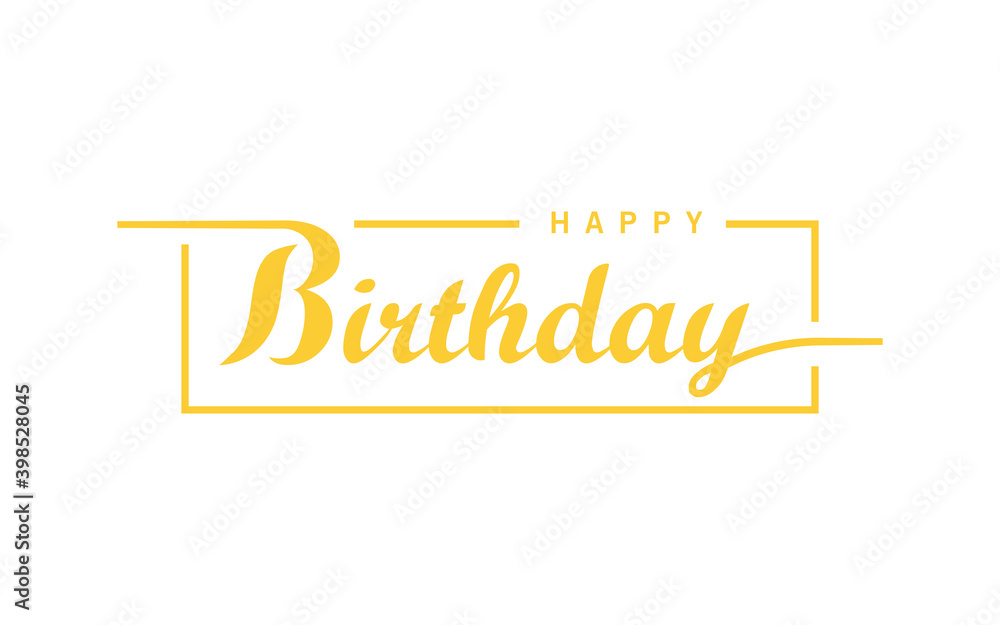 Happy Birthday. Gold Text Hand Written Calligraphy Lettering with Gold Square Line Frame isolated on White Background. Flat Vector Illustration for Greeting Cards.