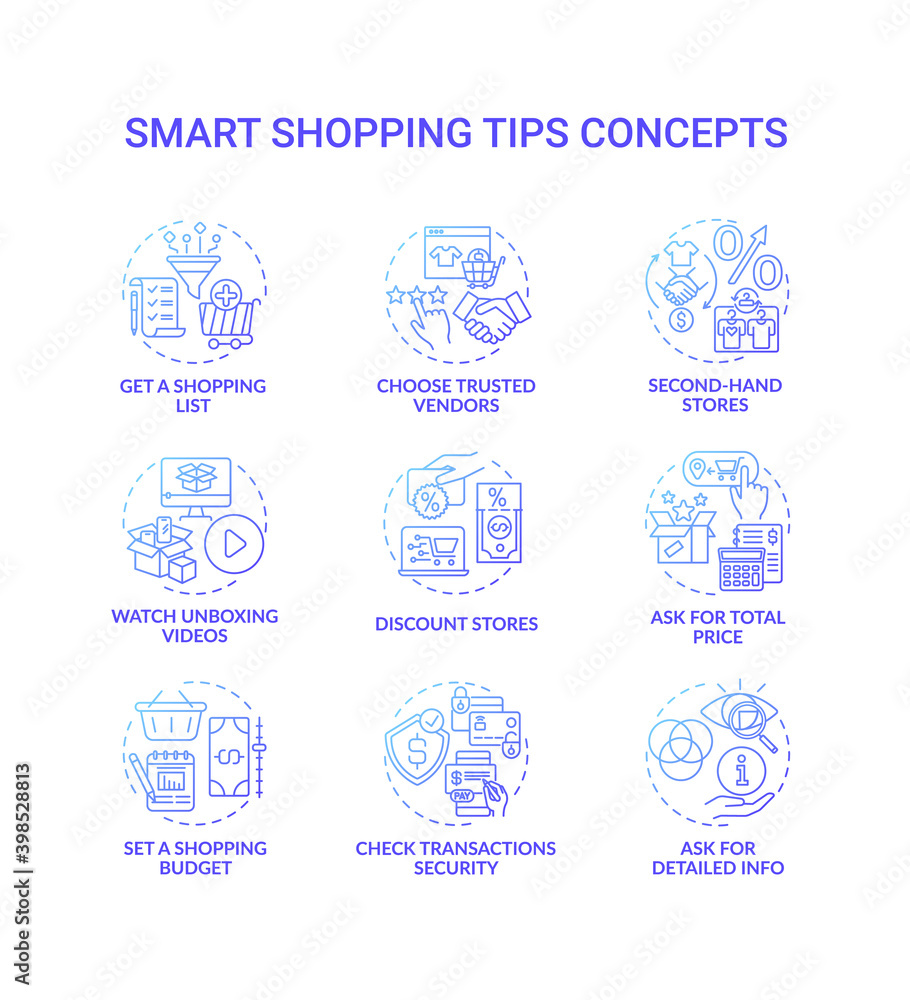 Smart shopping tips concept icons set. Informed customer advices idea thin line RGB color illustrations. Second-hand stores. Shopping budget. Choosing trusted vendors. Vector isolated outline drawings Smart shopping tips concept icons set. Informed customer advices idea thin line RGB color illustrations. Second-hand stores. Shopping budget. Choosing trusted vendors. Vector isolated outline drawings