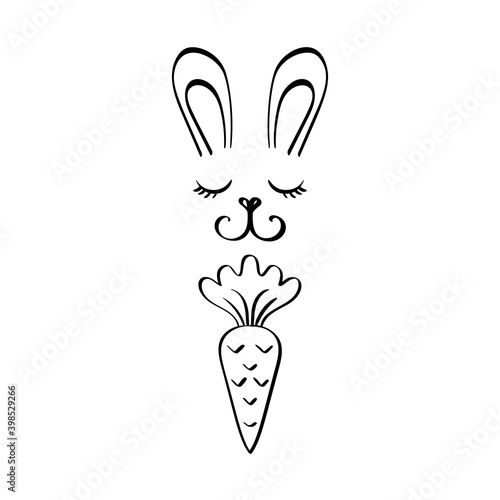 Cute bunny rabbit face with carrot on white