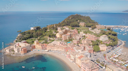 Incredible summer flyover Sestri Levante in summer.