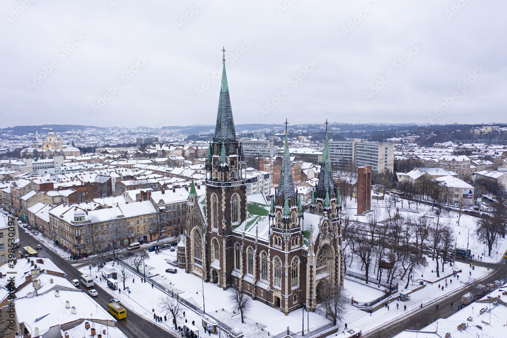 Obraz premium Aerial veiw on Elizabeth church in Lviv, Ukraine from drone