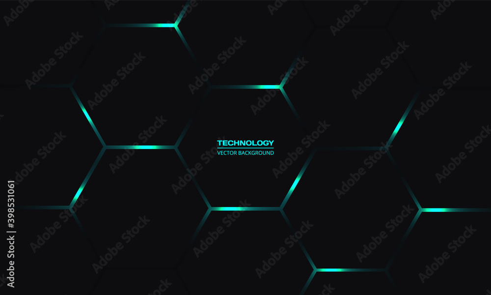 Black hexagonal technology vector background. Turquoise bright energy flashes under honeycomb in dark modern technology futuristic abstract background. Black hexagonal technology vector background. Turquoise bright energy flashes under honeycomb in dark modern technology futuristic abstract background.
