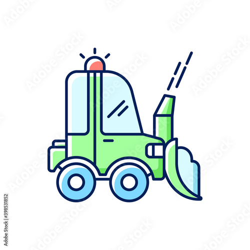 Snow blowing RGB color icon. Using machine for removing snow from area around your house. Cleaning service in winter. Isolated vector illustration