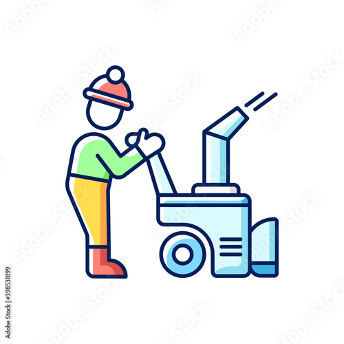 Snow sweeping RGB color icon. Removing huge amounts of snow after stormy snowfall. Cleaning streets. Popular winter services. Isolated vector illustration