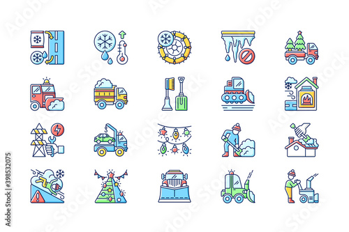 Snow removing services RGB color icons set. Clearing city after strong snowfall. Special tools for your car. Plow truck company. Isolated vector illustrations
