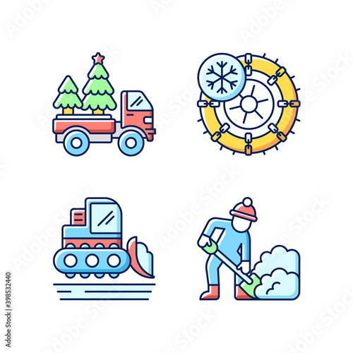 Winter holidays service RGB color icons set. Christmas tree delivery to your home. Studded tires and chains for your car. Isolated vector illustrations